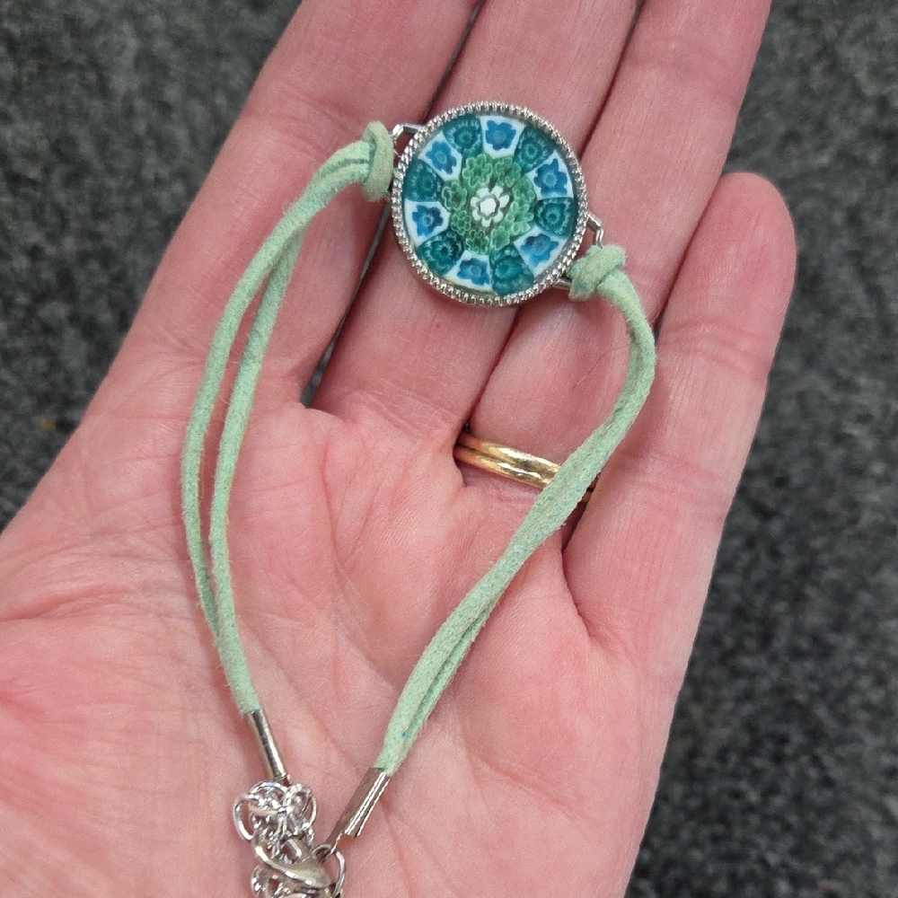 Murano Mint Green Cord Bracelet with Blue Floral Glass Medallion - Picture 8 of 9